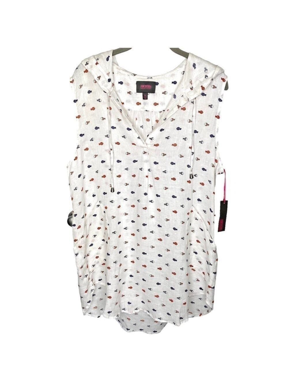 Forcynthia Beachwear Linen Swim Cover Up XL Hooded Fish Print Pockets NWT